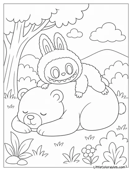 Labubu Draped Over the Back of a Sleepy Bear Coloring Page