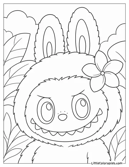 Labubu Face Close Up With a Single Flower Tucked Behind Her Ear Coloring Page