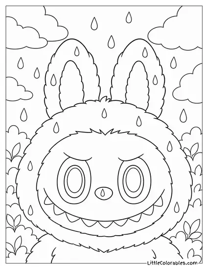 Labubu Face Close Up With Rain Drops on Her Nose and Ears Coloring Page