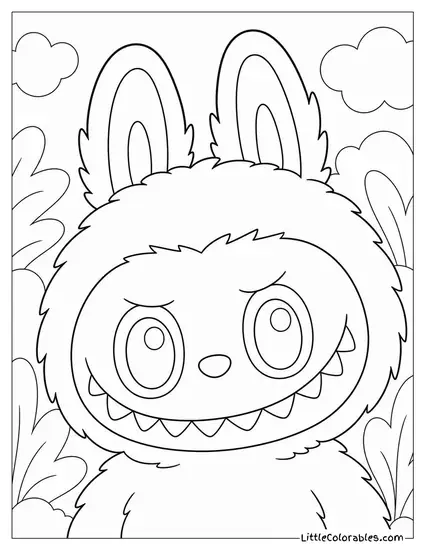 Labubu Face Close Up With Wide Curious Eyes and Sharp Teeth Coloring Page