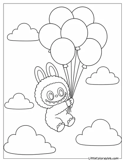 Labubu Floating Upward Clutching a Bundle of Balloons Coloring Page