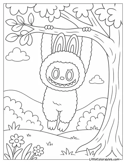 Labubu Hanging From a Tree Branch by Both Arms Coloring Page