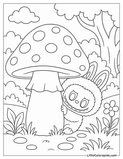 Labubu Hiding Behind a Large Toadstool Watching Something Coloring Page