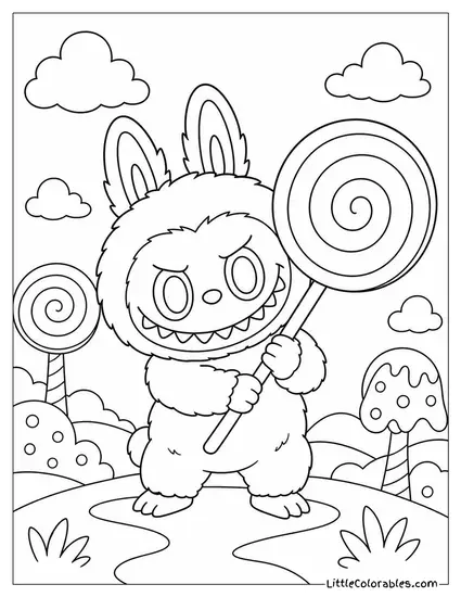 Labubu Holding a Giant Lollipop With a Mischievous Grin Coloring Page