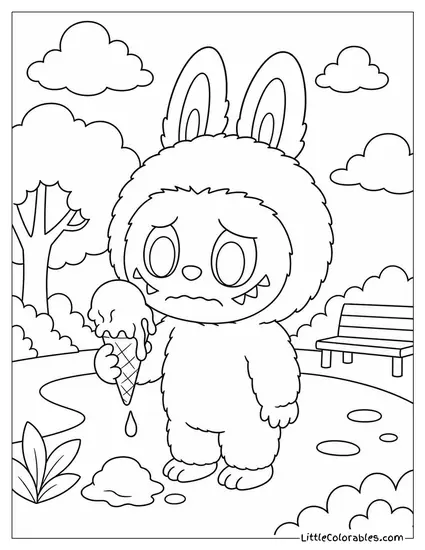 Labubu Holding a Melting Ice Cream Looking Devastated Coloring Page
