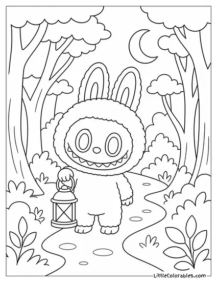 Labubu Holding a Tiny Lantern in a Dark Forest Coloring Page