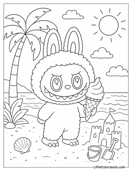 Labubu Holding an Ice Cream Cone With a Mischievous Grin Coloring Page