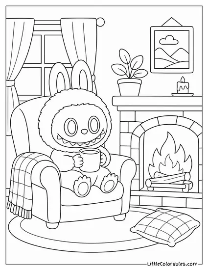 Labubu in a Cozy Armchair Beside a Glowing Fireplace Coloring Page