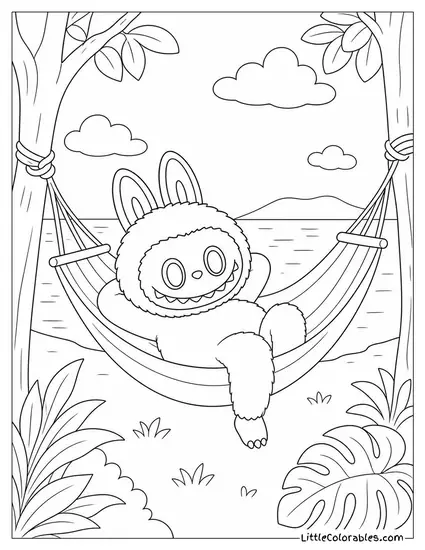 Labubu in a Hammock With One Leg Dangling Off the Side Coloring Page