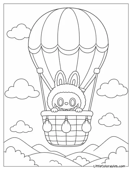 Labubu in a Hot Air Balloon Basket Peeking Over the Edge Coloring Page