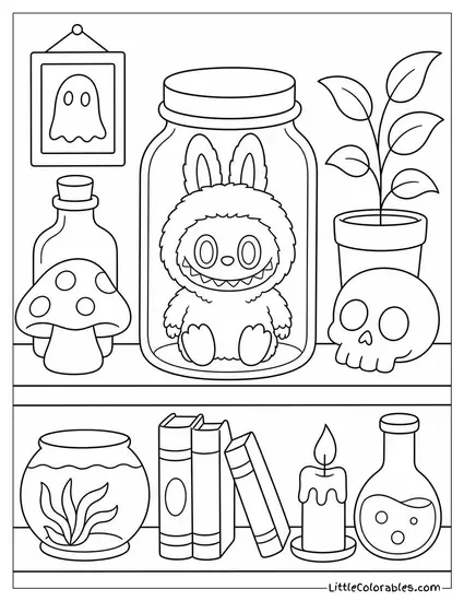 Labubu in a Jar on a Shelf Among Other Odd Things Coloring Page