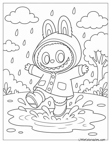 Labubu in a Raincoat Jumping in a Muddy Puddle Coloring Page