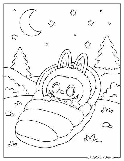 Labubu in a Sleeping Bag Outside Under the Stars Coloring Page