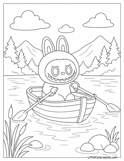 Labubu in a Tiny Rowboat on a Misty Lake Coloring Page