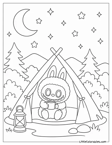 Labubu in a Tiny Tent Under a Starry Sky Coloring Page