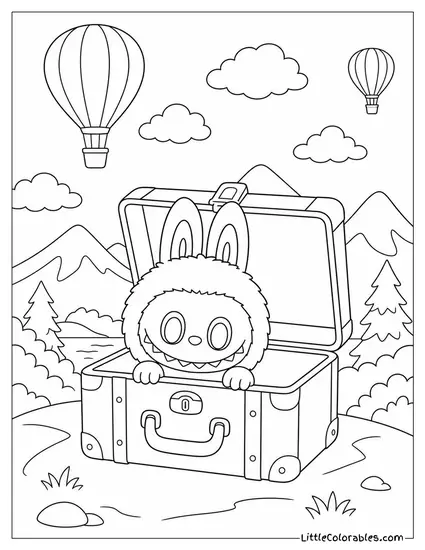 Labubu in a Vintage Suitcase Peeking Out at the World Coloring Page