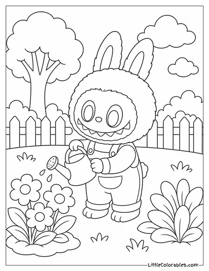 Labubu in Overalls Carrying a Watering Can in a Garden Coloring Page