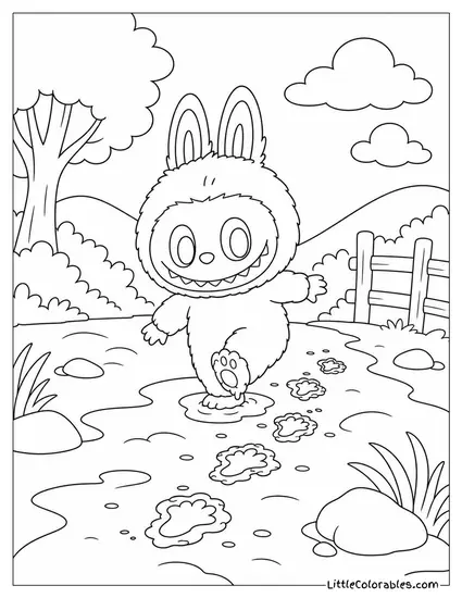 Labubu Leaving Tiny Footprints in Fresh Mud Coloring Page