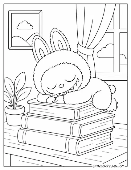 Labubu Napping on a Stack of Old Books Coloring Page