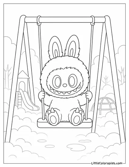 Labubu on a Swing at a Foggy Playground Coloring Page