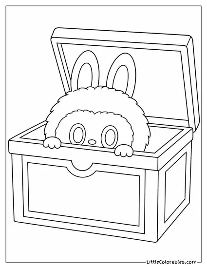 Labubu Peeking Out of a Vintage Wooden Toy Box Coloring Page