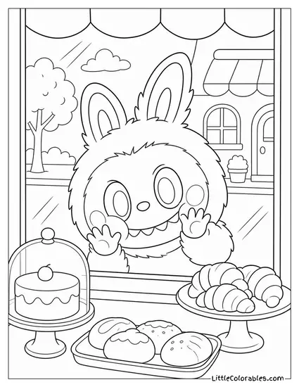 Labubu Pressing Her Face Against a Bakery Window Coloring Page