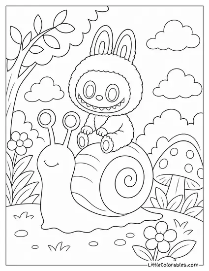 Labubu Riding on the Back of a Large Snail Coloring Page