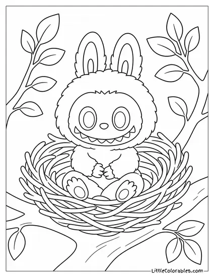 Labubu Sitting Cross Legged Inside a Bird Nest Coloring Page