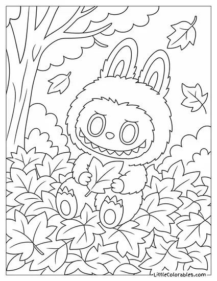 Labubu Sitting in a Pile of Autumn Leaves Coloring Page