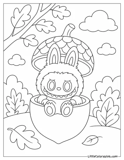 Labubu Sitting Inside a Giant Acorn Coloring Page