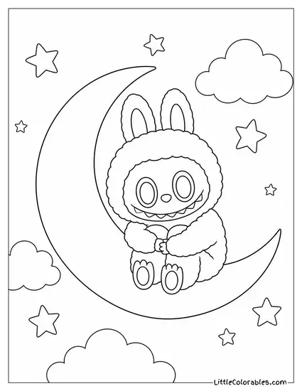 Labubu Sitting on a Crescent Moon Hugging Her Knees Coloring Page