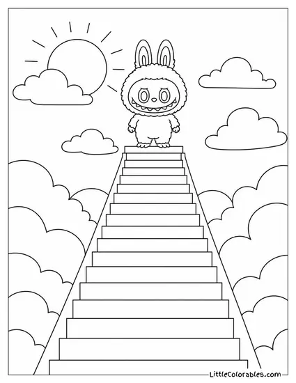 Labubu Standing at the Top of a Very Tall Staircase Coloring Page