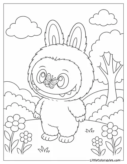 Labubu Staring at a Butterfly That Landed on Her Nose Coloring Page