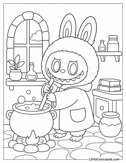Labubu Stirring a Small Cauldron With a Long Spoon Coloring Page