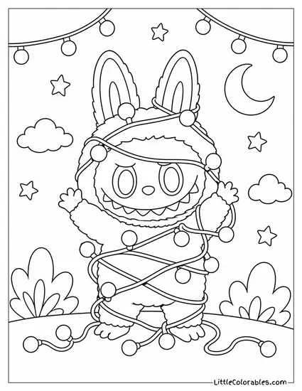 Labubu Tangled in a String of Fairy Lights Coloring Page
