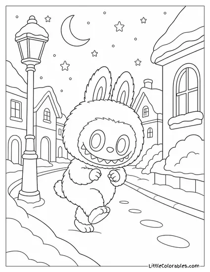Labubu Tiptoeing Through a Quiet Snowy Street at Night Coloring Page