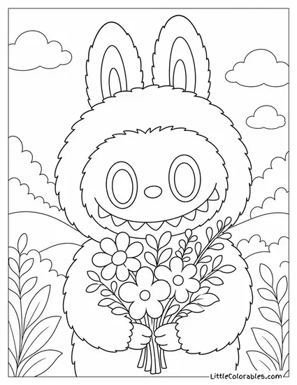 Labubu Waist Up Holding a Bouquet of Wildflowers Coloring Page