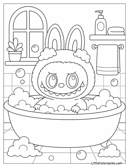 Labubu Waist Up in a Bubble Bath With Suds on Her Ears Coloring Page