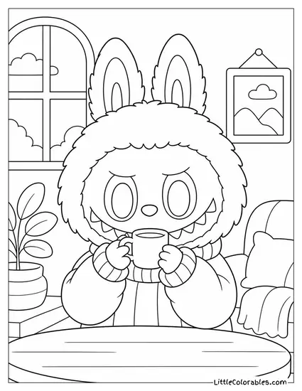 Labubu Waist Up in a Cozy Sweater Sipping From a Tiny Mug Coloring Page