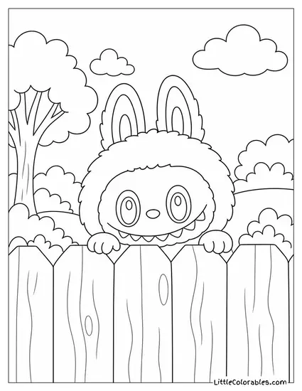 Labubu Waist Up Peering Over a Tall Wooden Fence Coloring Page