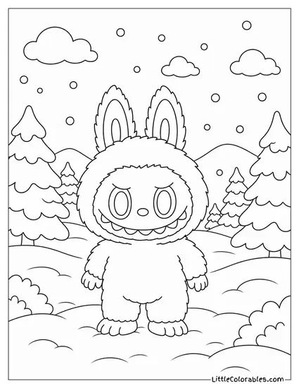 Labubu With Ears Perked Standing in Fresh Snow Coloring Page