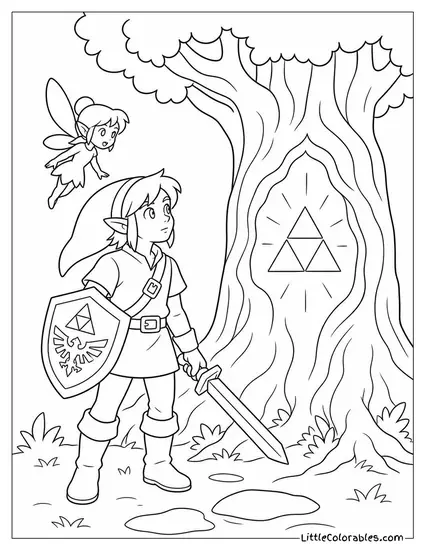 Link and a Small Fairy Companion Exploring a Glowing Forest Coloring Page