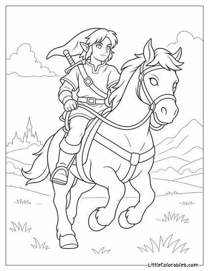 Link From Zelda Riding Epona Across an Open Hyrule Field Coloring Page