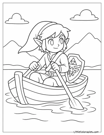 Link From Zelda Rowing a Small Boat Across a Calm Lake Coloring Page