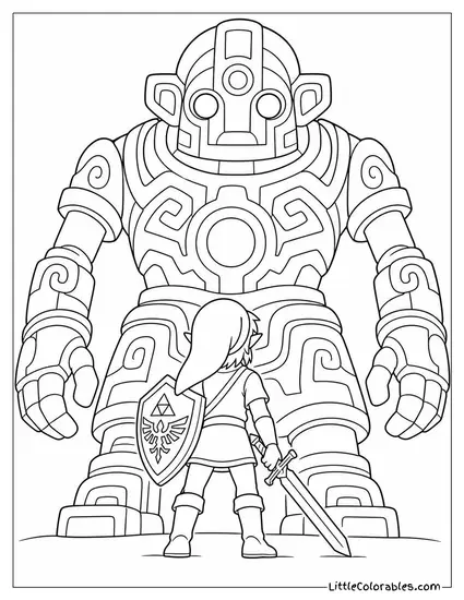 Link From Zelda Standing Before a Massive Ancient Guardian Statue Coloring Page