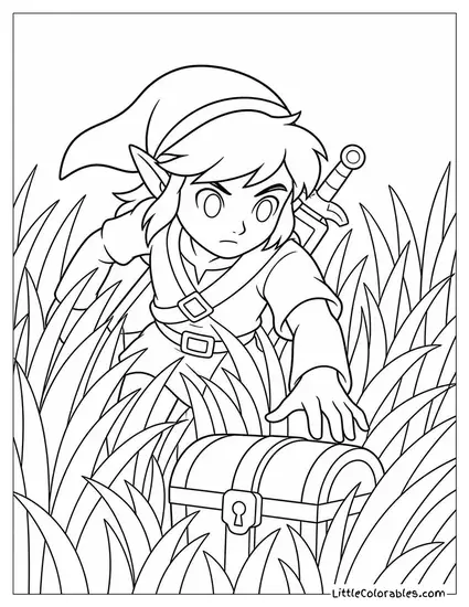 Link Rolling Through Tall Grass Searching for Hidden Treasure Zelda Coloring Page