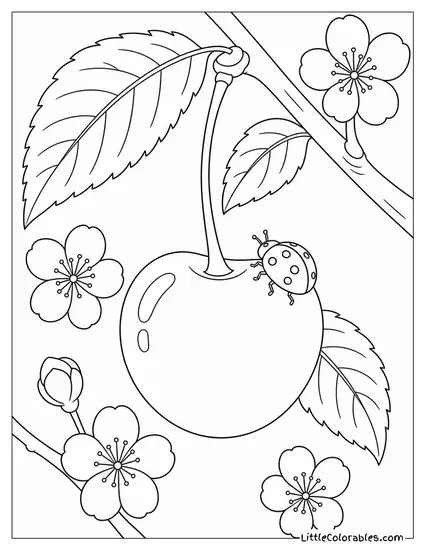 Little Ladybug Crawling on a Smooth Shiny Cherry Coloring Page