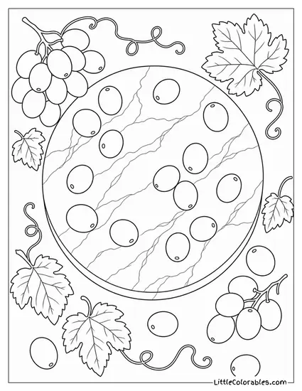 Loose Grapes Scattered Across a Plain Round Marble Cheese Board Coloring Page