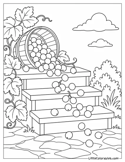 Loose Grapes Tumbling Down a Set of Three Wooden Steps Coloring Page