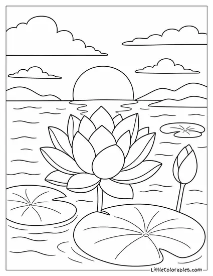 Lotus Bloom Catching the Last Light of a Setting Sun Coloring Page